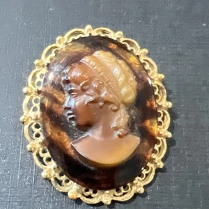 Vintage Cameo Brooch Brown Glass Stunnin - Picture 1 of 12