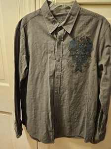 Vintage Y2K Eighty-Eight Affliction Style Mens XL Shirt  Skater Cross Wings Grey - Picture 1 of 5