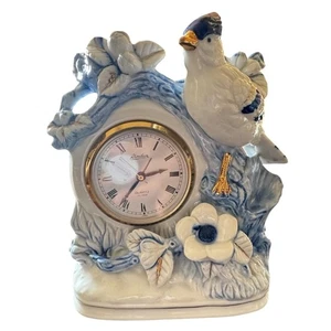 Vintage Linde Vogel Blumen Uhr blau weiß Porzellan Wecker Kamin Cottagecore - Bild 1 von 12