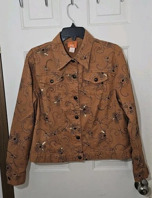 Chaqueta Denim Hearts of Palm Talla 16 Caqui Marrón Bordada Cuentas Lentejuelas Bling Foto 1 de 4