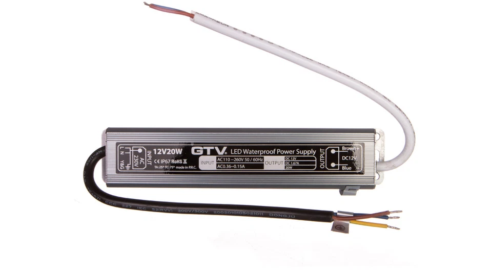 GTV Wasserdichter LED-Transformator, 20 W, IP 67, DC12 V /T2DE