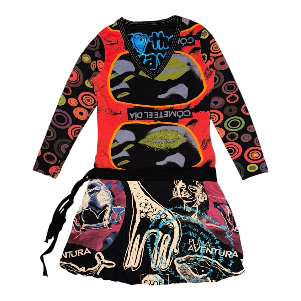 Желательный платье женщин XL черный трапециевидный Midi графический пэчворк богемное Y2K причудливый - Изображение 1 из 4