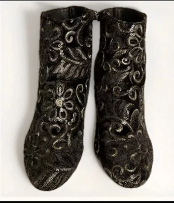 Botines Aldo de gamuza de terciopelo negro para mujer talla 6,5 brocado dorado floral tacón bloque Foto 1 de 4