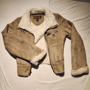 Big Chill Jacket Faux Suede & Faux Fur Trim Cream Pockets size Large Crop - Picture 1 of 7