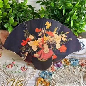 Vintage Paper Cardboard Fan Black Floral Flower Arrangement Collapsible - Picture 1 of 2