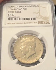 2014 D NGC SP67 SILVER KENNEDY 50C HIGH RELIEF 50TH ANNIVERSARY - Picture 1 of 4
