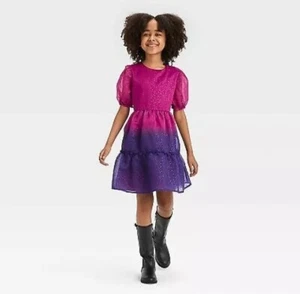 🐻 Girls' Short Sleeve Ombre Sparkle Dress - Cat & Jack Magenta Pink XL NEW - Picture 1 of 4