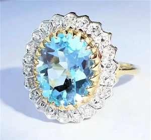 Large 9ct Gold Blue Topaz & Diamond Halo Ring, Size N1/2 - Picture 1 of 12