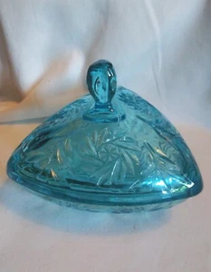 Vintage Hazel Atlas Blue Glass Triangle Candy Nut Trinket Dish w/Lid Colonial - Picture 1 of 11