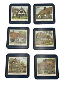 Pimpernel Coaster Set of 6 English Cottages 4" Excel. Cond. Blue Border - Picture 1 of 9