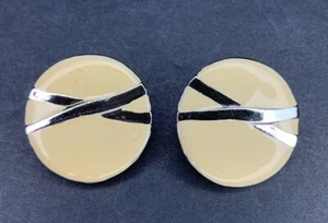 Vintage Cream Enamel Clip On Earrings Silver Tone 1” Diameter - Picture 1 of 7