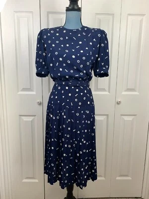 Vintage 1990's Liz Claiborne Mod Retro Navy Semi Sheer Pleats Belted Dress 6P - Image 1 of 4
