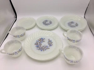 Termocrisa Milk Glass Blue Flowers Plates Cups Saucers Bowls Dessert Dish Mexico - Picture 1 of 5