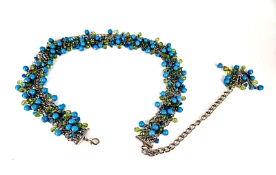 Cinturones de moda cadena tono plata borla boho con cuentas azul verde 30 pulgadas L 10" ext. Foto 1 de 4