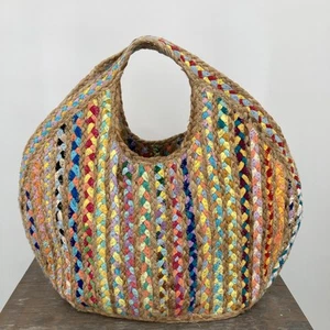 Antik Kraft gewebt Ruhi Jute Stroh recycelter Stoff Handtasche Regenbogen bunt Kunst - Bild 1 von 13