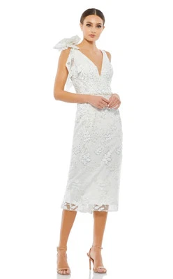 MAC DUGGAL 79337 Sz 4 White Floral Beaded Lace Bow Midi WeddingDress Bridal $538 - Image 1 of 4