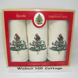 Spode Christmas Tree Set of 3 NIB 11" x 18" Fingertip Towels Green Border SEALED - Picture 1 of 15