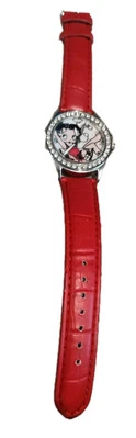 Reloj Betty Boop Mujer Tono Plateado Bisel Cristal Imitación Cuero Banda Rojo Sin Probar  Foto 1 de 4