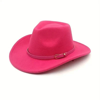 Lo último Rosa Vaquera Vaquera Sombrero de Fieltro Occidental con Hebilla de Banda Rosa, Fiesta de Rodeo Foto 1 de 3