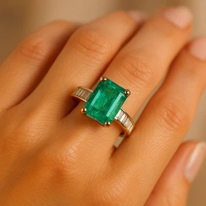 New 7 Rose Gold Emerald Cocktail Ring Antique Solitaire Baguettes CZ Engagement - Picture 1 of 7