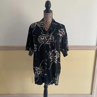 Camisa hawaiana floral mezcla seda tostada azul marino Geoffrey Beene para hombre talla M Foto 1 de 3