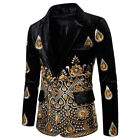 Mens  Velvet One-Button Gold Thread Embroidered Suit Jacket Casual Coat Sz