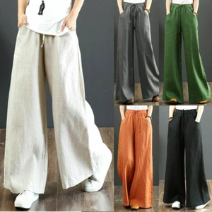 Womens Cotton Linen Casual Baggy Long Trousers Elastic High Waist Wide Leg Pants - Picture 1 of 13