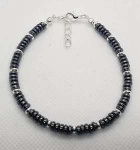 BLACK HEMATITE HANDMADE BEADED BRACELET 7.5" + EXT B0129 - Picture 1 of 3