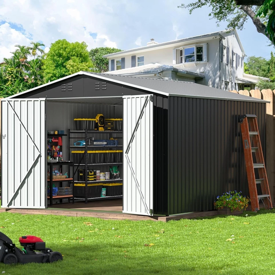 AIRWIRE 10x10 ft Outdoor Storage Shed, Garden Shed with Lockable Door, Metal Tool Sheds
