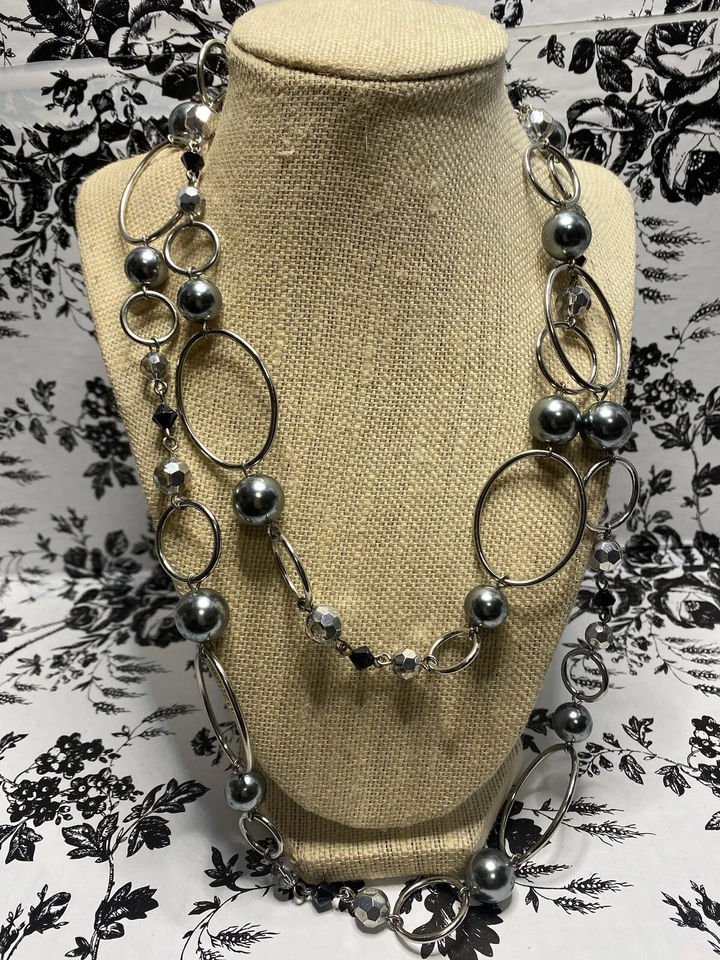 Women's Necklace Beaded Double Chain Silver Plate 23” - Image 1 of 3