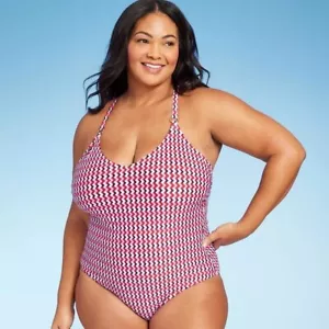KONA SOL Sz 18 Red & Blue Geo Print Gold Ring Strap Detail One Piece Swimsuit - Picture 1 of 5