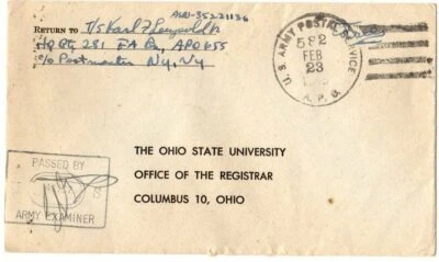 2/23/45 APO 582 France WWII cover: Sgt Karl F Leupold Jr. 281st Field Artillery - Image 1 of 2