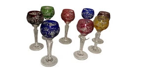 8 Piece Bohemian Crystal Cut Clear Emerald Green Purple Cordial Stem Glass 4.5” - Picture 1 of 6