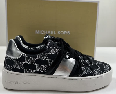NEW MICHAEL KORS Size 7 Women's Sneaker Black MK Jacquard Silver POPPY $185  - Image 1 of 4