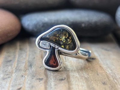 Anillo de setas ajustable ámbar báltico y plata de ley talla 6-1/2 Foto 1 de 4