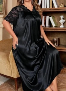 Black 3xl Night Gown Elegant Sleep Dress Satin Contrast Lace Short Sleeve Gown - Picture 1 of 5