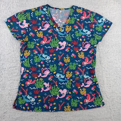 Scrub Top Womens Small Blue Aquatic Fish Coral V-Neck Medical - Image 1 of 4