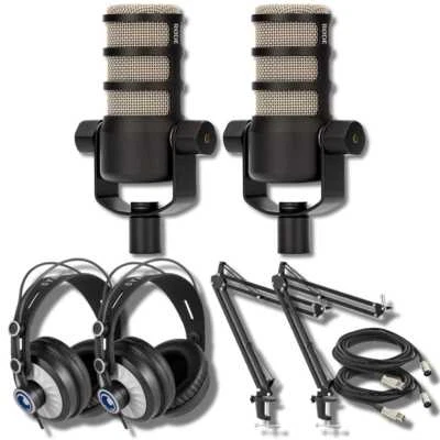 Micrófono dinámico para podcast Rode PodMic con brazos de micrófono StreamEye BOOMARM, sobre la oreja Foto 1 de 4