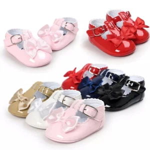 Newborn Baby Girls Shiny Crib Pram Shoes Spanish Bow Soft Sole Prewalker Gift - Picture 1 of 26