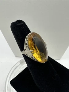 VTG Czechoslovakia Czech Amber Glass Statement Ring Silver Tone Filigree Sz 4.5 - Picture 1 of 9
