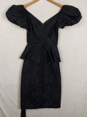 Vintage 70s Cocktail Dress Junior 9/10 Blk Taffeta Peplum Puff Sleeve USA - Image 1 of 4