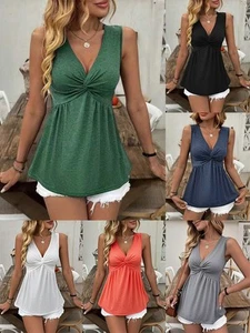 Comfortable Womens Sleeveless Top with Ruched V Neck and A Line Design - Picture 1 of 59