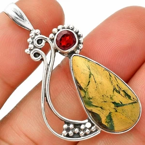 Cyber Web Chrysocolla Stone & Garnet 925 Sterling Silver Pendant Jewelry P-1573 - Picture 1 of 5