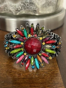 Vintage Multi Color Blume Guss Metall Armband Manschette Kristall Strass - Bild 1 von 15