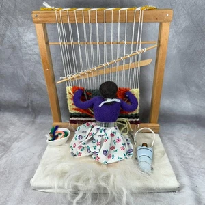 Native American Style Doll Weaving Scene w/ Loom Yarn Baby – Handmade Folk Art - Picture 1 of 15