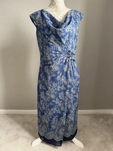 GINA BACCONI NAVY PATTERNED CHIFFON /JEWEL ACCENT COWL NECK DRESS SIZE 14 - Picture 1 of 19