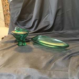 Aloys Gangknofner German Mid Century Emerald Glass Lidded Jar Triangular Dish - Picture 1 of 12