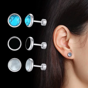 Weiß/Schwarz Rundschliff Muschel Türkis Ohrringe Damen Edelstahl Ohrstecker - Bild 1 von 16