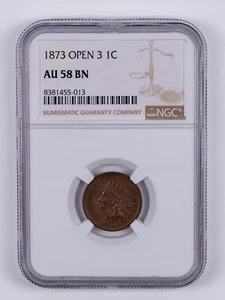 1873 Open 3 Indian Head Small Cent NGC AU58 BN RB013 - Picture 1 of 2