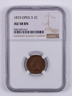 1873 Open 3 Indian Head Small Cent NGC AU58 BN RB013 - Image 1 of 2